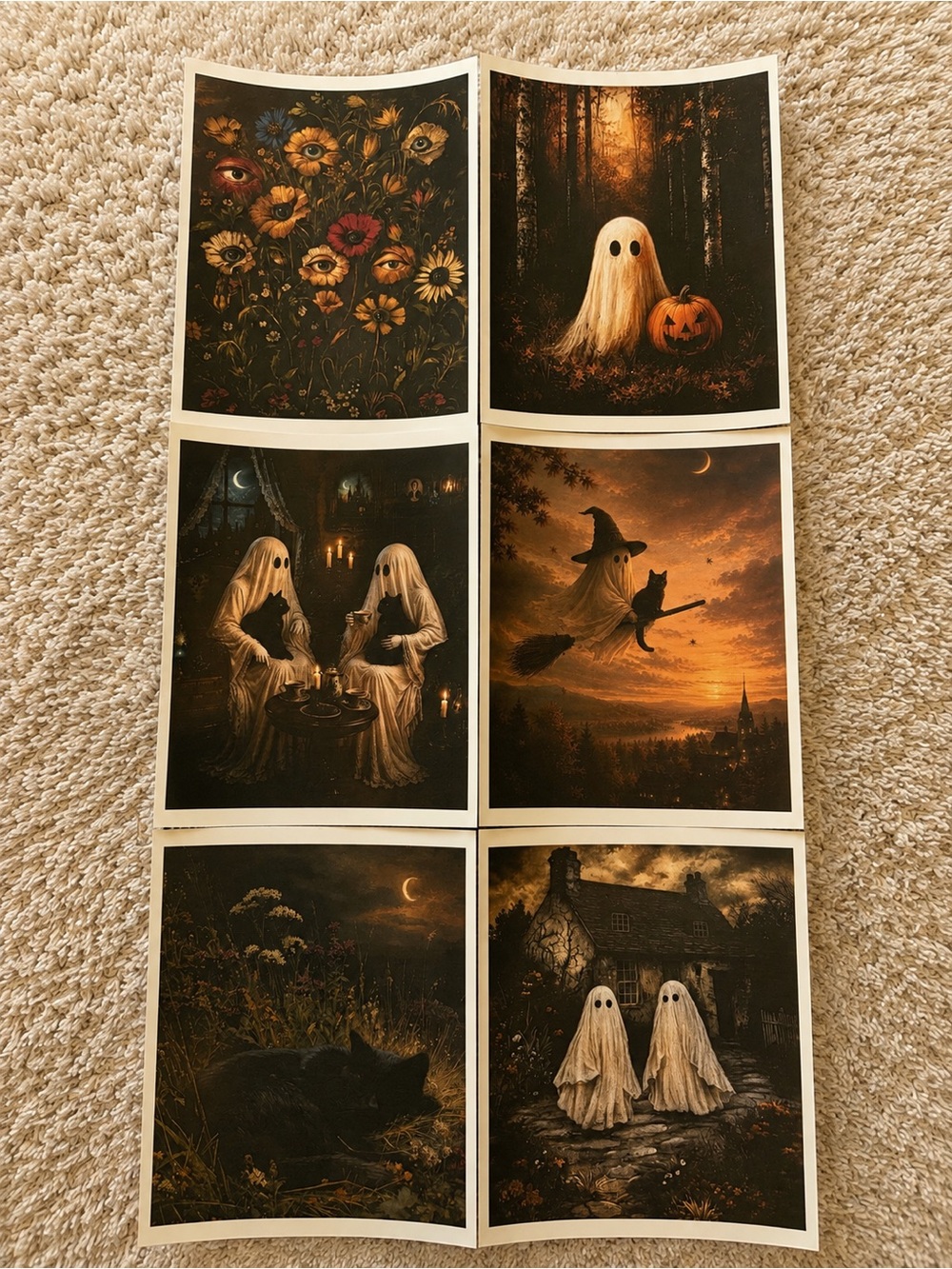 8x10 cardstock Spooky Ghost Halloween Art Print Set — Neutral and Orange Tones